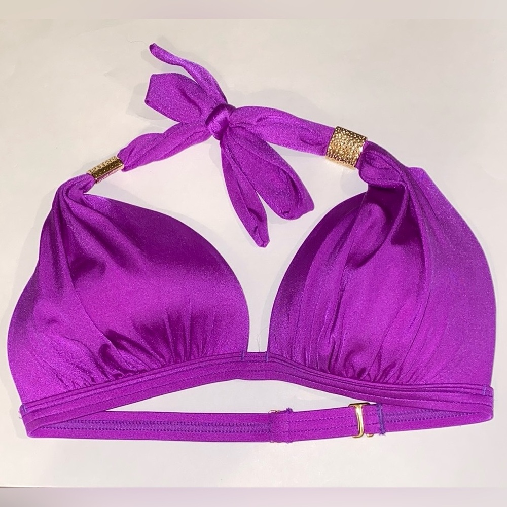 D Cup VENUS Enhancer Padded Bikini Top Gold Metal Accent Adj Slide Band Tie Neck